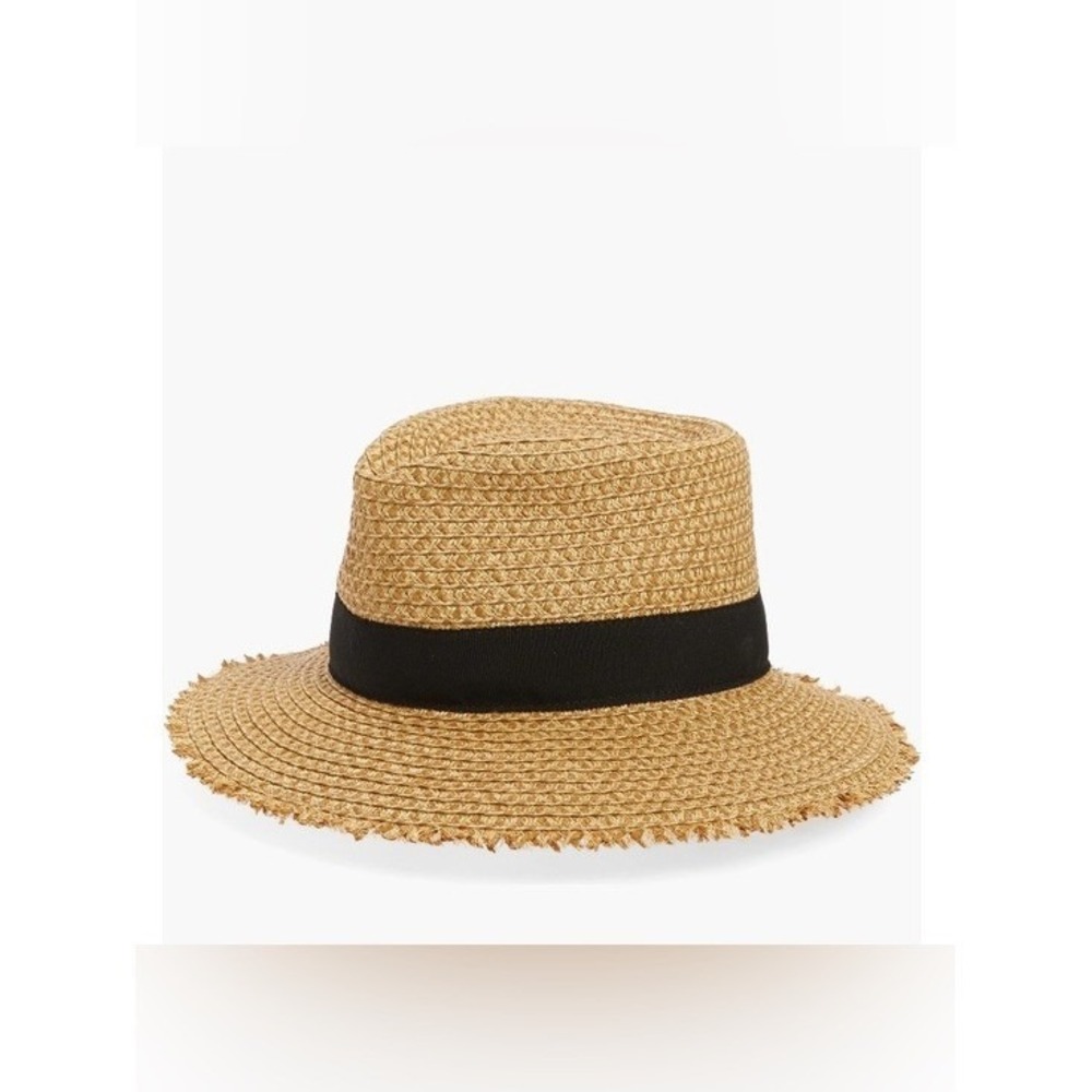 Eric Javits Look Again Packable Fedora 50 SPF Hat, Tan/Black, NWT
